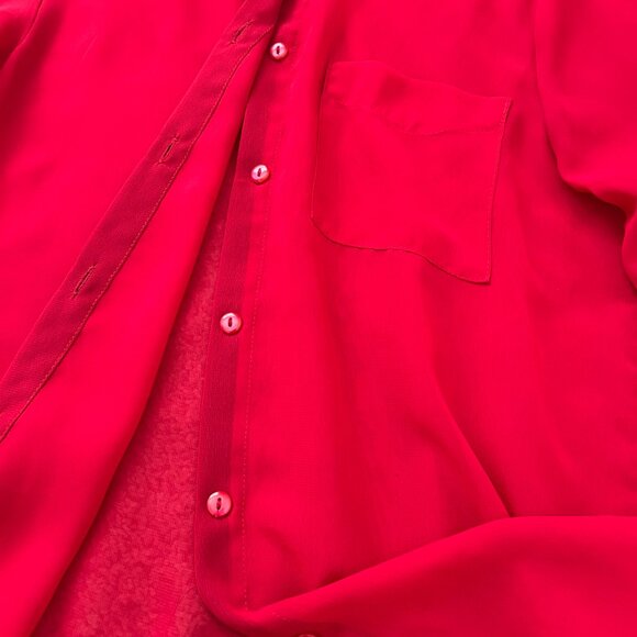 Olsenboye Medium Red Sheer Button-up Long Sleeve High Low Blouse - Picture 3 of 8